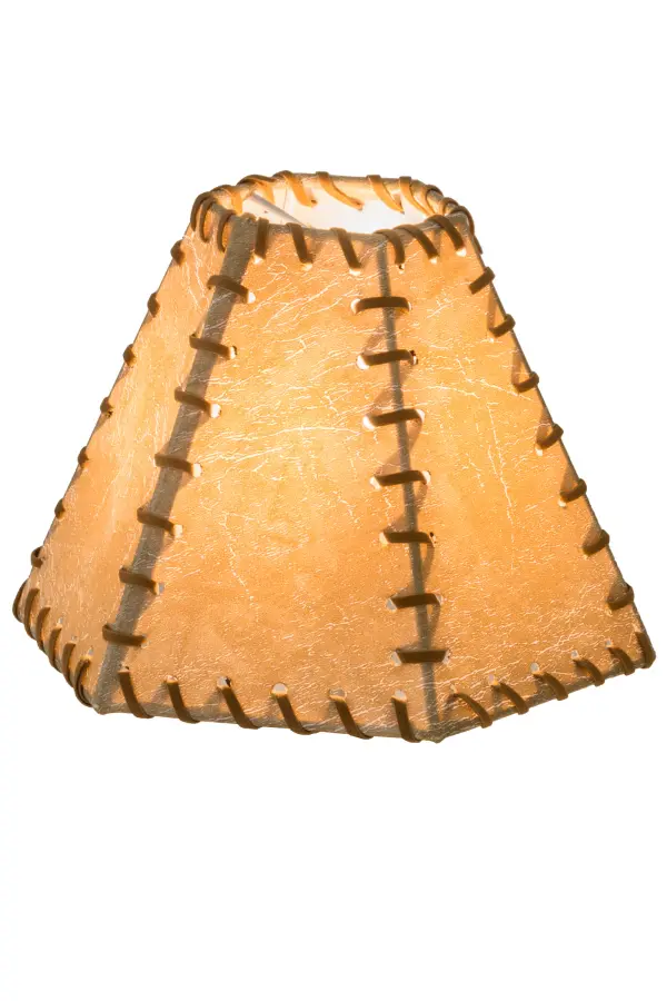 This handsome Dark Tan Faux Leather lamp shade is trimmed with leather like lacings. The shade has a candelabra clip for use on a chandelier or small lamp