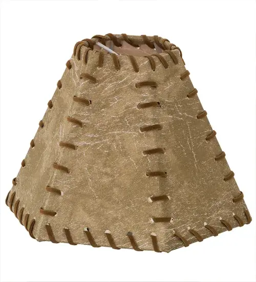 This handsome Dark Tan Faux Leather lamp shade is trimmed with leather like lacings. The shade has a candelabra clip for use on a chandelier or small lamp - alternate view