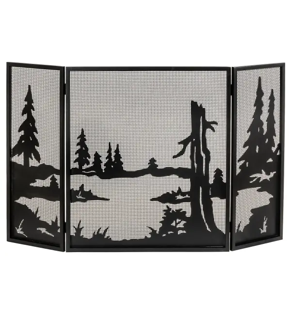 Bare trees surround a quiet pond on this nature inspired wall firescreen. The folding firescreen is finished in a stunning Timeless Bronze and is handcrafted in the USA by Meyda artisans in the Yorkville; NY facility. This firescreen can be used with an active fireplace.