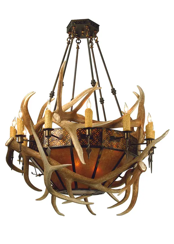 Bring an eyecatching rustic look into your home or business with the authentic natural fallow antlers artistically applied to accent warm Amber mica shades. The shade is trimmed with an intricate filigree design in an Antique Copper finish to match the rest of the hardware. Handcrafted by Meyda artisans in the USA.