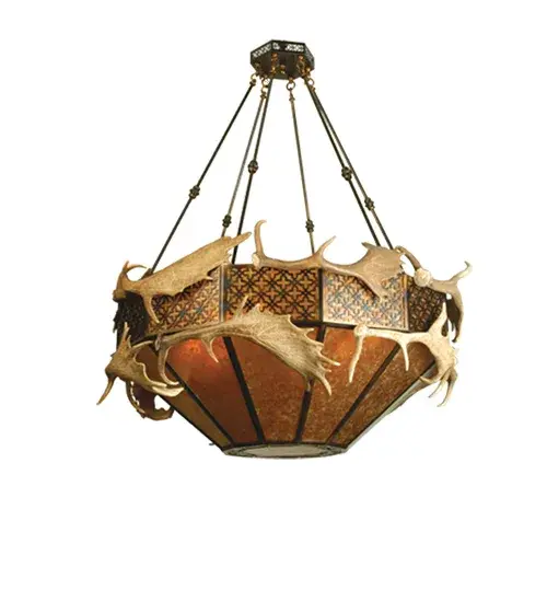 Bring an eyecatching rustic look into your home or business with the authentic natural fallow antlers artistically applied to accent warm Amber mica shades. The shade is trimmed with an intricate filigree design in an Antique Copper finish to match the rest of the hardware. Handcrafted by Meyda artisans in the USA.