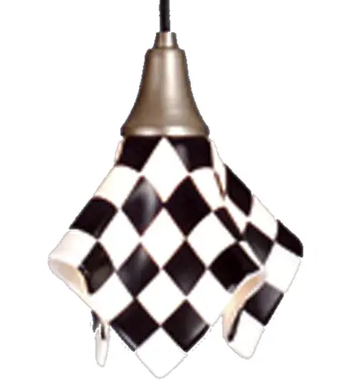 The Black and White checkered racing flag shade of the Grand Prix Handkerchief pendant is kiln fired and draped like fabric. Hand cut glass squares are fused together and then fired again to fall into this flowing fabric like shape. Handmade by Meyda Craftsmen the shade with Brushed Nickel hardware and round black cord will start your engines.