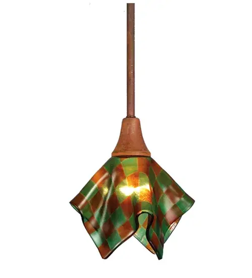 Metro Fusion; Patchwork Handkerchief mini pendant is like an aerial view of American farmland. Hand cut glass squares of Earth Brown and Field Green are hot fused together and then fired again to fall into a flowing draped fabric shape. Handmade by Meyda Craftsmen the shade with Vintage Copper hardware is like a breath of rural serenity.