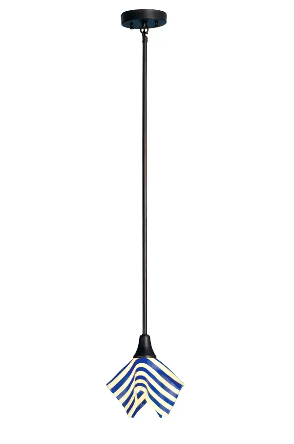 Slide into the fun with Racing Stripes of Yellow and Blue on the Metro Fusion, Slick Handkerchief mini Blue on the Metro Fusion, Slick Handkerchief mini pendant. Hand cut glass strips are hot fused together and then fired again to fall into a flowing draped fabric shape. Handmade by Meyda Craftsmen the shade with Craftsman Brown hardware is fast and fun. Collection: Metro Fusion Finish: Craftsman Brown Glass: Yellow/Blue Fused Width: 9.00" Height: 44.00" Length: 9.00" Weight: 3.00 lb Number of Bulbs: 1 Maximum Wattage: 60.00 W Bulb Type: A19 Bulb Base: E26 Material: Brass Country of Origin: USA Safety Listing: Dry Safety Rating: Dry