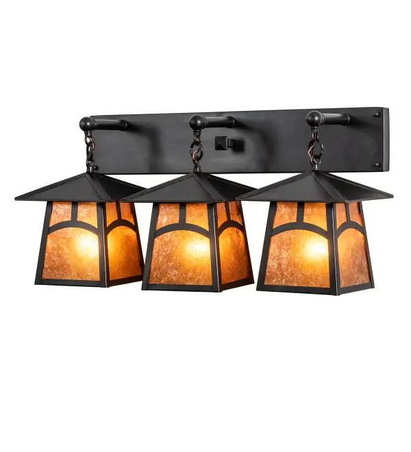 Custom made from Solid Brass. A stunning Craftsman Signature design statement is evoked with a dramatic Mission styled profile combined with an abstract hilltop design. The three Amber Mica Lanterns are enhanced with a Craftsman Brown finish. Use this fixture as a vanity light in a fine bath or as a wall sconce in a hallway and other rooms in residential; hospitality and commercial locations. Handcrafted by highly skilled artisans in the USA; in our 180;000 square foot manufacturing facility in Yorkville; New York. Custom colors; styles and sizes are available; as well as energy efficient lamping options. UL and cUL listed for dry; damp and wet locations however mica may not be suitable for wet locations with extreme conditions.