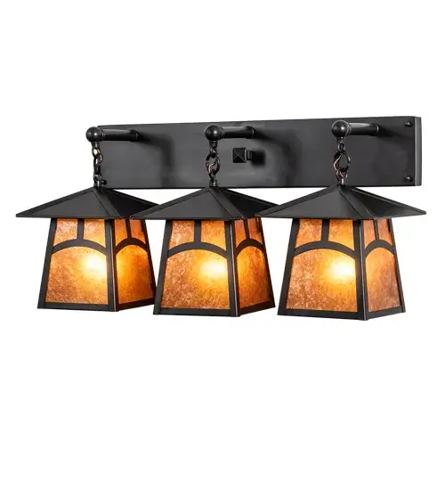 Custom made from Solid Brass. A stunning Craftsman Signature design statement is evoked with a dramatic Mission styled profile combined with an abstract hilltop design. The three Amber Mica Lanterns are enhanced with a Craftsman Brown finish. Use this fixture as a vanity light in a fine bath or as a wall sconce in a hallway and other rooms in residential; hospitality and commercial locations. Handcrafted by highly skilled artisans in the USA; in our 180;000 square foot manufacturing facility in Yorkville; New York. Custom colors; styles and sizes are available; as well as energy efficient lamping options. UL and cUL listed for dry; damp and wet locations however mica may not be suitable for wet locations with extreme conditions. - alternate view