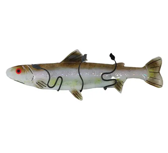 The Rainbow Trout Wall Sconce offers an innovative and striking Fused Art Glass design in our popular Metro Fusion Group. Handcrafted in colors of Gray, Pink, Amber, and Green fused glass, this stunning fixture is accented with Red and Black eyes and complemented with leaves and backplate in a Black powder coat finish. A true work-of-art, ideal for sportsmen, outdoor enthusiasts and those whose appreciate a work of beauty. Designed and created by our artists and craftsmen in our 180,000 square foot manufacturing facility in Yorkville, NY, this sconce will vary slightly due to the nature of glass forming. Custom sizes, colors, designs and dimmable energy efficient lamping available. UL and cUL listed for dry and damp locations. Collection: Metro Fusion Finish: Tarnished Copper Glass: Amber/Pink/Green Black Notes: Custom Crafted In Yorkville, New York Please Allow 50 Days Width: 29.00" Height: 11.00" Length: 5.00" Extension from Wall: 5.00" Number of Bulbs: 2 Maximum Wattage: 60.00 W Bulb Type: T10 Bulb Base: E26 Material: Metal Or Polyresin Country of Origin: USA Safety Listing: Dry Safety Rating: Dry - alternate view