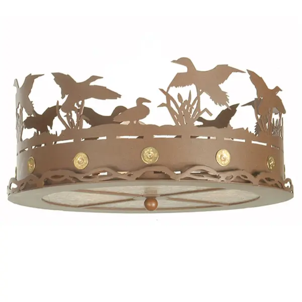 With a swoosh climbing sunward comes a flock of Ducks soaring in flight and stretching out above the reeds in the marsh; against the sun-split sky and up towards the heavens. This charming ceiling features a stunning Silver Mica shade; which diffuses soft ambient illumination as the decorative accents; hardware; and frame are featured in a Rust finish. Shotgun shells accent the perimeter of this fixture. The fixture can be installed directly on a ceiling fan in dining spaces and foyers in residential; hospitality; and commercial settings throughout the US; including Reno; Nevada; to Helena; Montana; to Everett; Washington. The Ducks in Flight Fan Light Fixture is featured in our American-made; American-designed; handcrafted Wildlife Lighting Collection. This fixture is manufactured in Yorkville; New York. It is UL and cUL listed for dry and damp locations. Fan not included.