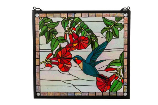 A Ruby throated; Emerald Green hummingbird sips nectar from Scarlet trumpet flowers against a Crystalline sky in this charming Meyda Tiffany original window; framed in Mauve stained glass. 349 pieces of hand cut stained glass and 4 glass jewels are used to create this window. A solid brass hanging chain and brackets are included.