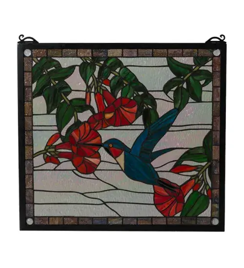 A Ruby throated; Emerald Green hummingbird sips nectar from Scarlet trumpet flowers against a Crystalline sky in this charming Meyda Tiffany original window; framed in Mauve stained glass. 349 pieces of hand cut stained glass and 4 glass jewels are used to create this window. A solid brass hanging chain and brackets are included. - alternate view