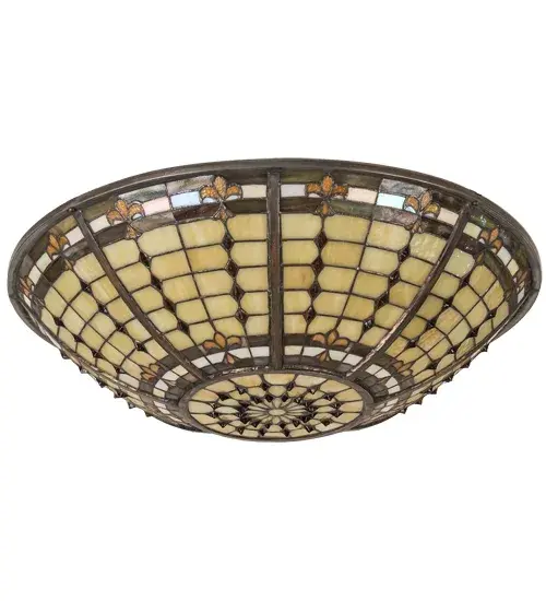 This curvaceous Fleur-de-Lite inverted shade is an elegant design featuring Golden stylized three-petaled irises with Amber colored jewels. A multi-colored band of Blues; Purples; and Greens is featured on a Beige background. - alternate view