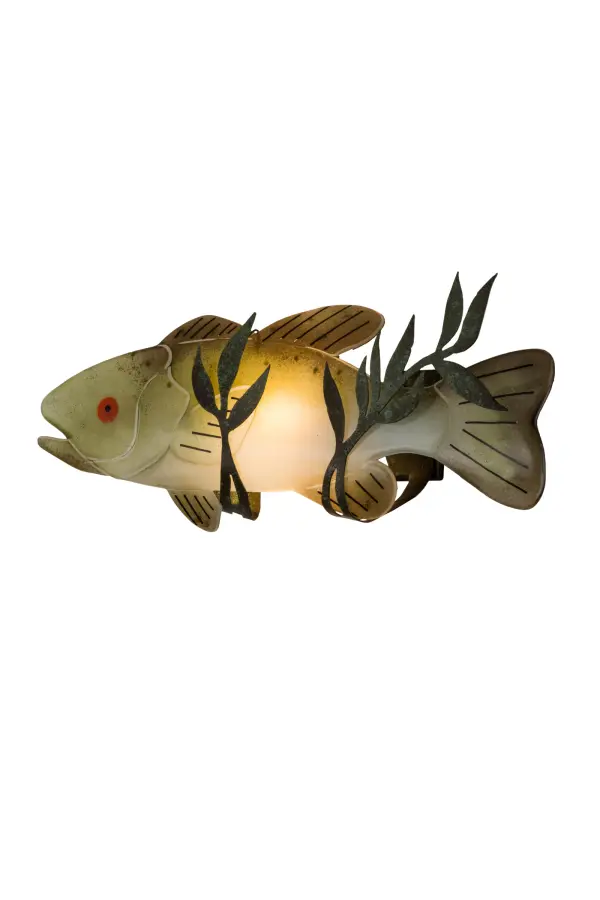 From the crystal clear waters surfaces this dramatic, artistically created Bass, a compelling lighting design featured in Fused Art Glass as a uniquely decorative Wall Sconce. Handcrafted in soft hues of Beige, Brown with a Sunburst colored eye and Leafy Green algae, it is a true work-of-art enhanced with Tarnished Copper finished hardware. Ideal for homes and nautical themed restaurants and retailers and those whose appreciate a work of beauty. Custom options include special sizes, colors, finishes and dimmable energy efficient lamping options such as LED. The fixture is UL and cUL listed for damp and dry locations. Collection: Metro Fusion Finish: Tarnished Copper Glass: Fused Glass Notes: Custom Crafted In Yorkville, New York Please Allow 50 Days Width: 22.00" Height: 8.50" Length: 4.50" Weight: 5.50 lb Extension from Wall: 4.50" Number of Bulbs: 1 Maximum Wattage: 60.00 W Bulb Type: T10 Bulb Base: E26 Material: Steel Country of Origin: USA Safety Listing: Damp Safety Rating: Damp