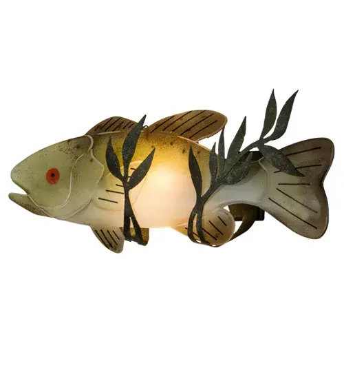 From the crystal clear waters surfaces this dramatic, artistically created Bass, a compelling lighting design featured in Fused Art Glass as a uniquely decorative Wall Sconce. Handcrafted in soft hues of Beige, Brown with a Sunburst colored eye and Leafy Green algae, it is a true work-of-art enhanced with Tarnished Copper finished hardware. Ideal for homes and nautical themed restaurants and retailers and those whose appreciate a work of beauty. Custom options include special sizes, colors, finishes and dimmable energy efficient lamping options such as LED. The fixture is UL and cUL listed for damp and dry locations. Collection: Metro Fusion Finish: Tarnished Copper Glass: Fused Glass Notes: Custom Crafted In Yorkville, New York Please Allow 50 Days Width: 22.00" Height: 8.50" Length: 4.50" Weight: 5.50 lb Extension from Wall: 4.50" Number of Bulbs: 1 Maximum Wattage: 60.00 W Bulb Type: T10 Bulb Base: E26 Material: Steel Country of Origin: USA Safety Listing: Damp Safety Rating: Damp - alternate view