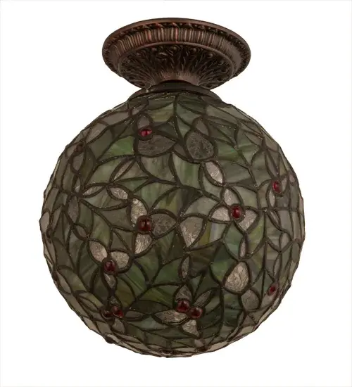 The beauty of natural Holly inspires this Tiffany styled masterpiece. The Orb shaped ceiling fixture reveals an intricate leaf design in various Green art glass colors which is complemented with Clear Fern Glass and Berry Red jewel accents. Holly greenery was originally used to help celebrate winter and new growth. This fixture is handcrafted of authentic stained art glass using the famous Meyda copperfoil construction method. The stunning hardware is detailed with a coordinating leaf motif in a warm Mahogany Bronze finish. Custom colors; sizes and finishes; as well as dimmable lamping options such as LED are also available. UL and cUL listed for dry and damp locations. - alternate view