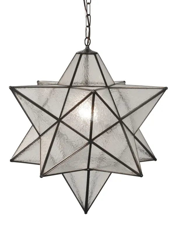 Grace your home with this timeless ceiling pendant. Dating back to Moravia hundreds of years ago; the Star was used to protect your home and bring good luck to your family. The pendant is handcrafted of sparkling Clear Seeded Glass and complemented with a Mahogany Bronze finish. Each shade is created with Brass Channel Construction. Overall height ranges from 30.5 to 64 inches as the chain length can be easily adjusted in the field to accommodate your specific lighting needs. Shade colors; metal finishes and sizes can be customized. UL and cUL listed for dry; damp and wet locations.