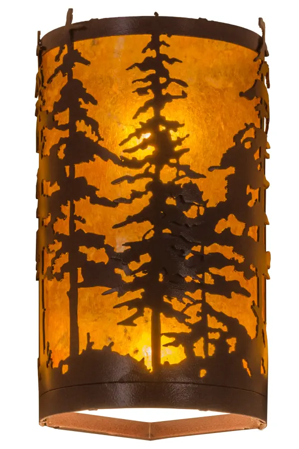 A stunning nature inspired stand of Tall Pines is depicted while the mid-morning sun shines brightly over the trees. Warm ambient light is diffused beautifully through Amber Mica; which is complemented with Rust finished accents and frame. This wall sconce is designed to add light and style into any corner; where two walls meet; in most rooms. The fixture is handcrafted in the Meyda manufacturing facility at the foothills of the Adirondack Mountains in the USA. Custom styles; designs and sizes are offered. Energy efficient lamping options are available.
