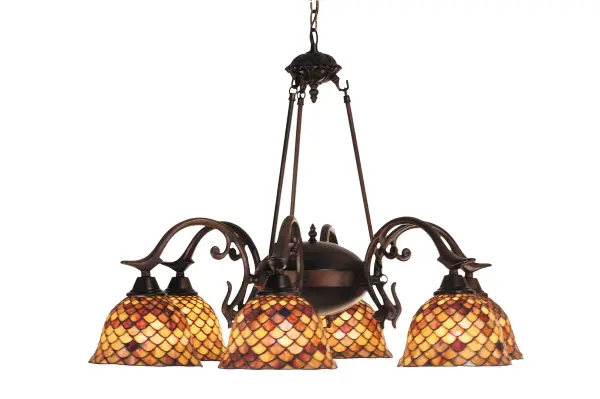 This stunning lighting style recreates a Louis Comfort Tiffany studio classic... Six stained glass shades feature a renowned Fishscale design highlighted with a variegated Tortoiseshell of Emerald, Sapphire, Mauve, and Beige colors, evoking a unique dimensional, textured look in a rainbow of brilliant hues. These exquisite stained glass shades are created using the famous Meyda Tiffany copperfoil construction process and complemented with elegant metal hardware in a Mahogany Bronze finish. The chandelier is perfect for illuminating dining areas, entryways, and other residential and hospitality spaces. The overall height ranges from 27 to 61.50 inches, as the chain can be easily adjusted on location. The Tiffany Fishscale 6 Light Chandelier is included in our American-designed, handcrafted Tiffany Reproduction Lighting Collection. It is UL and cUL listed for dry and damp locations. Each shade is a unique work of art, with color variations based on natural ingredients inherent in the glass. Collection: Tiffany Fishscale Finish: Mahogany Bronze Glass: Stained Glass Width: 32.50" Height: 30.00" Length: 32.50" Number of Bulbs: 6 Maximum Wattage: 60.00 W Bulb Type: A19 Bulb Base: E26 Material: Metal Country of Origin: USA Safety Listing: Dry Safety Rating: Dry