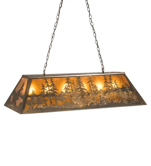 A stand of Tall Pines are depicted on this oblong pendant. This nature inspired fixture is finished in Antique Copper and features stunning Amber Mica panels. The pendant is ideal for lighting up kitchen islands, counters, bars, dining and billiard tables. The overall height ranges from 26.5 to 43 inches as the chain length can be easily adjusted in the field. Made to Order in our 180,000 square foot manufacturing facility in Yorkville, New York, located at the foothills of the Adirondack Mountains. Additional nature inspired designs available, as well as custom shade colors, metal finishes and pendant sizes. UL and cUL listed for damp and dry locations. Collection: Tall Pines Finish: Antique Copper Glass: Amber Mica Width: 17.00" Height: 26.50" Length: 48.00" Weight: 30.00 lb Extension from Wall: 17.00" Number of Bulbs: 6 Maximum Wattage: 60.00 W Bulb Type: A19 Bulb Base: E26 Material: Steel Country of Origin: USA Safety Listing: Damp Safety Rating: Damp