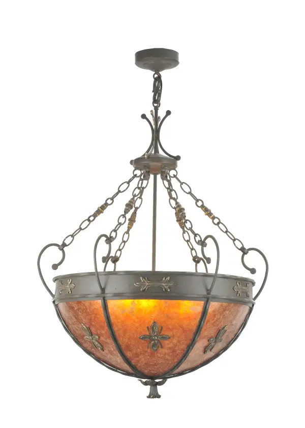 The romance of European castles comes to light with this Old London Pendant. This exquisite fixture features an Amber Mica shade and is complemented with a Timeless Bronze finish and Gold floral highlights. Handmade by highly skilled artisans in our 180;000 square foot manufacturing facility in Yorkville; New York. Shade materials and colors; metal finishes and pendant sizes can be customized to your requirements. UL and cUL listed for dry and damp locations.