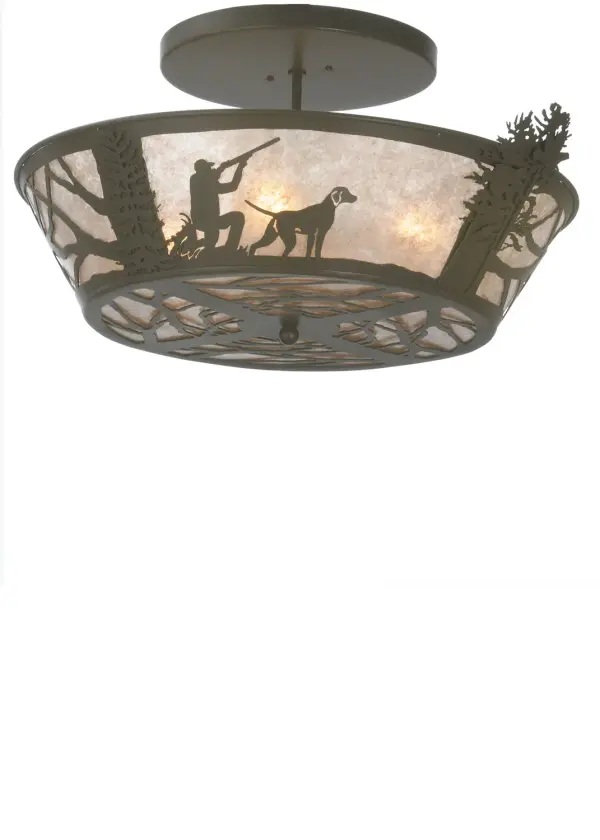 Striking images of a sportsman hunting quail in the woods while the morning sun rises in the background. Warm ambient light projects through Silver Mica,which is complemented with a frame and hardware featured in a Timeless Bronze finish. Perfect for dens, mancaves, outdoor retailers and sports shops, the fixture is handcrafted by Meyda artisans in our manufacturing facility at the foothills of the Adirondack Mountains. Custom designs, sizes and styles are available. Energy efficient lamping options offered. Collection: Quail Hunter Finish: Timeless Bronze Glass: Silver Mica Notes: Custom Crafted In Yorkville, New York Please Allow 30 Days Width: 25.00" Height: 8.00" Length: 25.00" Weight: 10.00 lb Number of Bulbs: 4 Maximum Wattage: 60.00 W Bulb Type: A19 Bulb Base: E26 Material: Steel Country of Origin: USA Safety Listing: Damp Safety Rating: Damp