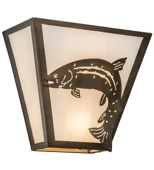The North Woods Trout is depicted on this rustic wall sconce. The fixture is finished in Antique Copper, has White art glass panels, and is handcrafted in the USA by Meyda artisans. Collection: Leaping Trout Finish: Antique Copper Glass: White Art Glass Width: 13.00" Height: 11.50" Length: 6.50" Weight: 5.50 lb Extension from Wall: 6.50" Number of Bulbs: 2 Maximum Wattage: 60.00 W Bulb Type: A19 Bulb Base: E26 Material: Steel Country of Origin: USA Safety Listing: Damp Safety Rating: Damp - alternate view