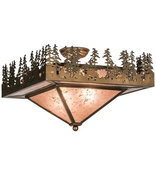 You can almost smell the fresh clean scent of Pine with this lighting fixture... A nature inspired stand of Tall Pine trees is depicted while the morning sun rises over a lake. With soft ambient light projected beautifully through a Silver Mica shade and top diffuser; this fixture is complemented with Antique Copper finished accents and frame. Custom crafted by the hands of Meyda artisans in our manufacturing facility at the foothills of the Adirondack Mountains here in the USA.