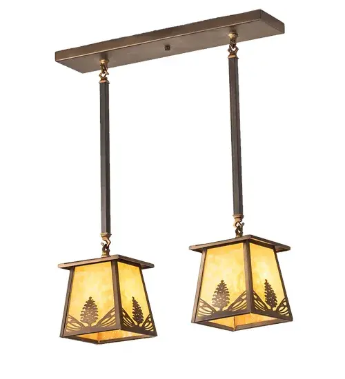 A single Pine Cone nestled in needles is depicted on each side of this two light lantern pendant handcrafted in the USA by Meyda artisans. This nature inspired fixture is finished in Antique Copper and has Beige art glass panels. - alternate view