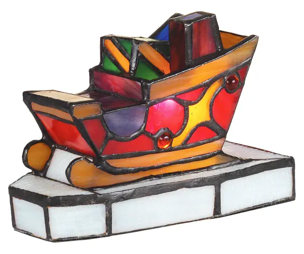 This festive holiday Sleigh with Presents accent lamp, crafted of Holiday Red and Green stained art glass with Winter White, Amber and jewel accents will put you in the spirit of the season. Collection: Sleigh With Presents Finish: Flame Ha Ca Burgundy Glass: Fl Ha Ca Br Width: 4.00" Height: 4.50" Length: 6.00" Weight: 1.00 lb Extension from Wall: 4.00" Number of Bulbs: 1 Maximum Wattage: 10.00 W Bulb Type: B10 Bulb Base: E12 Country of Origin: CHINA Safety Listing: Dry Safety Rating: Dry