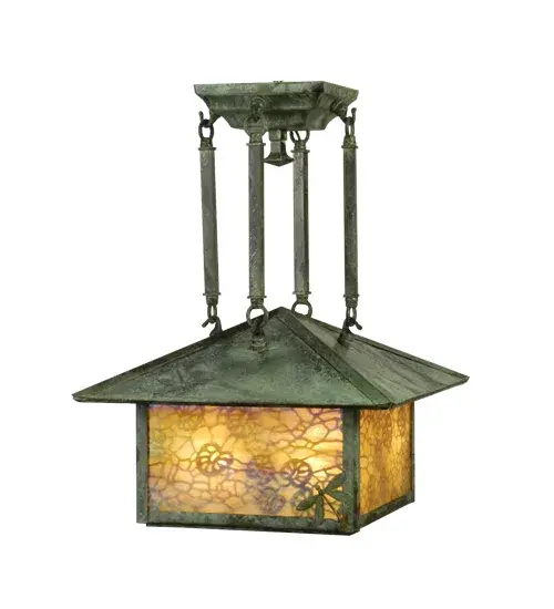 Delicately etched Lotus Leaves appear to fall gracefully in the air while adorning this dramatic Solid Brass ceiling fixture. This exquisite nature inspired pendant combines handsome Craftsman styling with an elegant luxurious design which features a Beige Iridescent Glass diffuser complemented with a Verdigris finish. The Seneca Lotus Leaf Pendant is featured in our American made; American designed handcrafted Craftsman Signature Series. Manufactured in Yorkville; New York. UL and cUL listed for dry; damp and wet locations.