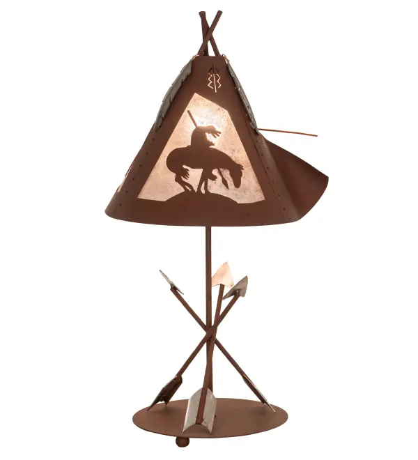 At the end of the day a Brave Native American Indian returns to his teepee. The table lamp is finished in Rust; has Silver mica panels; steel and rawhide accents; and is handcrafted in the USA by Meyda artisans.