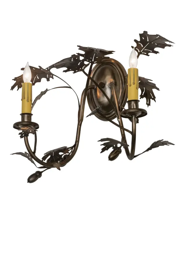 A distinctive charm is revealed with this elegant; nature inspired design as Oak Leaves and Acorns adorn two Amber faux candlelights that deliver beautiful ambient light. A stunning design; the Oak leaves symbolize strength; endurance; eternity; honor; hospitality and virtue. The decorative accents and hardware are featured in an Antique Copper finish. The fixture is handcrafted in Meyda's manufacturing facility; at the foothills of the majestic Adirondack Mountains in the USA. Custom colors; styles; sizes and dimmable energy efficient lamping options such as LED are available. UL and cUL listed for damp and dry locations.