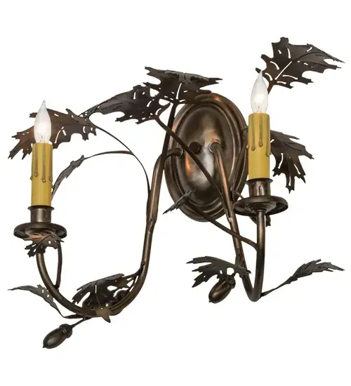 A distinctive charm is revealed with this elegant; nature inspired design as Oak Leaves and Acorns adorn two Amber faux candlelights that deliver beautiful ambient light. A stunning design; the Oak leaves symbolize strength; endurance; eternity; honor; hospitality and virtue. The decorative accents and hardware are featured in an Antique Copper finish. The fixture is handcrafted in Meyda's manufacturing facility; at the foothills of the majestic Adirondack Mountains in the USA. Custom colors; styles; sizes and dimmable energy efficient lamping options such as LED are available. UL and cUL listed for damp and dry locations. - alternate view