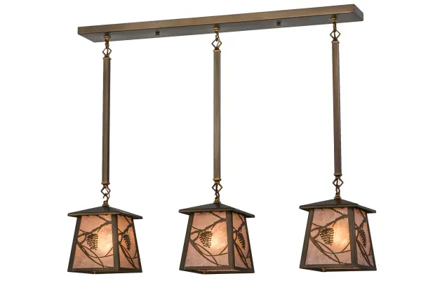 Listen closely. You can almost hear the soft whisper of pine branches as they dance in the wind with a low-hanging moon in the sky. Enjoy the warm ambiance of the soft beautiful light diffused through the Silver Mica shades of this three light pendant; which feature stunning pinecone and pine branch motifs The fixture is featured in an Antique Copper finish and handcrafted by Meyda artisans in Yorkville; New York; at the foothills of the breathtaking Adirondack Mountains. Custom colors; designs and sizes are available; as well as dimmable; energy efficient lighting options.