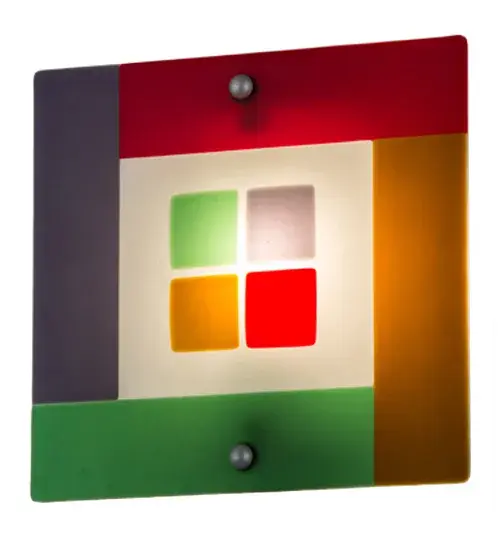 Hot glass. Refreshing; Hot Looks. Metro Fusion is edgy and contemporary like this retro sconce in color blocks of Raving Red; Luscious Lavender; Outrageous Orange; and Groovy Green. Each Metro fixture and lamp is a one of a kind; original piece of art. The hot glass shade is made complete with Nickel finished; powder coated hardware. This sconce is ADA compliant. - alternate view
