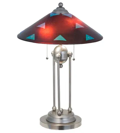 Bring the rich colors; fun and artistry of the Art Deco era into a home; restaurant; hotel or retail location with this dazzling lamp.Handcrafted with trilateral pieces of Dichroic glass fused on a Plum art glass background; the resplendent shade is complemented with a Nickel finished two-tiered base featuring decorative Steel rods and ball accents.Handmade by Meyda artisans in the Upstate New York manufacturing facilities; this lamp is the perfect lighted accent for any room.Energy efficient lamping options; custom colors; styles and sizes are available. The lamp is UL Listed for dry locations. - alternate view