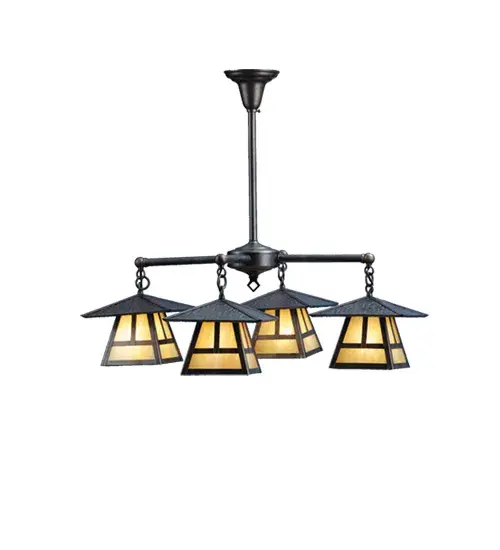 A T Mission pattern accents this handsome American Craftsman lantern four light chandelier. The fixture; handcrafted in the USA by Meyda artisans; has an Antique finish and has Beige Iridized glass panels.
