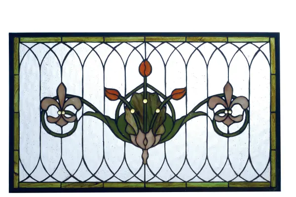 Spring Green leaves and borders; lively Coral tulips and Plum Beige fleur-de-lis; accent the rippling textured Clear glass of this elegant Victorian inspired stained glass window. The window is handcrafted utilizing the copperfoil construction process and stained art glass encased in a solid brass frame. This lovely window is a creation to be forever treasured. Mounting bracket and chain included.