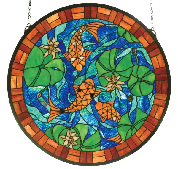 Created by the Meyda Tiffany design team; a brick ringed pond of Coral colored koi in rippling Cobalt and Teal blue waters are surrounded with Ivory water lilies and Pond Green lily pads. Bring a touch of nature indoors with the charming stained glass window. Solid Brass hanging brackets and chain are included.