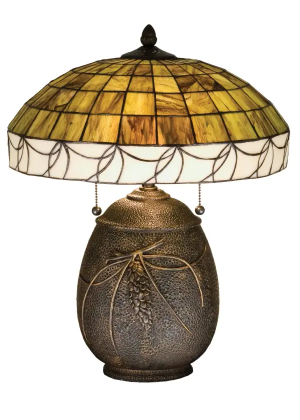Pine needles on a Beige glass band circle a Brown streaked Olive geometric gridded shade. This earthy shade tops a handsome hammered base with Pinecone and Needle detail, hand finished in Mahogany Bronze. Collection: Pine Needle Finish: Antique Copper Glass: Xaav Ba Width: 16.00" Height: 19.50" Length: 16.00" Number of Bulbs: 2 Maximum Wattage: 60.00 W Bulb Type: A19 Bulb Base: E26 Material: Resin Country of Origin: CHINA Safety Listing: Dry Safety Rating: Dry