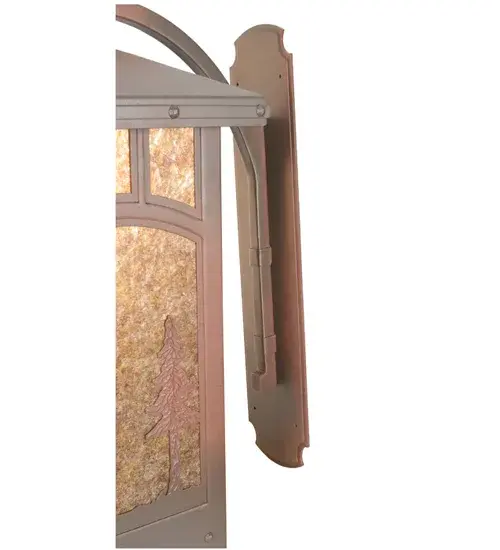 Innovatively luxurious yet rustic and nature-inspired; this beautiful wall sconce was inspired by the gorgeous surroundings of the famous hotel in New York's breathtaking Adirondack Mountains. A strikingly tall frame with arched curves and decorative rivets highlight the Amber Mica lens in this curved arm wall sconce. Twin Pine Tree accents that simulate those that grow tall in the Adirondack State Park are featured in Rust over Wrought Iron and appear to soak up the sun as you peek through a window-like scene in this organic motif. This stunning fixture is ideal for illuminating exteriors in fine residential and hospitality locations; from Panama City; Florida; to Beloit; Wisconsin; to Keizer; Oregon. The Utowana Lake Wall Sconce is included in our American-made; American-designed Nature-Inspired Lighting Collection and manufactured in Yorkville; New York at the foothills of the Adirondacks. UL and cUL listed for dry; damp and wet locations. Utowana Lake is the first of the Eckford Chain of Lakes in the Adirondack Mountains in New York state. The lake was the last leg of the journey via steamboat to the Prospect House in Blue Mountain Lake; New York; which was opened in 1882 as the first hotel in the world to have electric lights in every room; thanks to the personal attention of Thomas Edison; who is credited with the engineering masterpiece. Mr. Edison also installed the wiring. - alternate view
