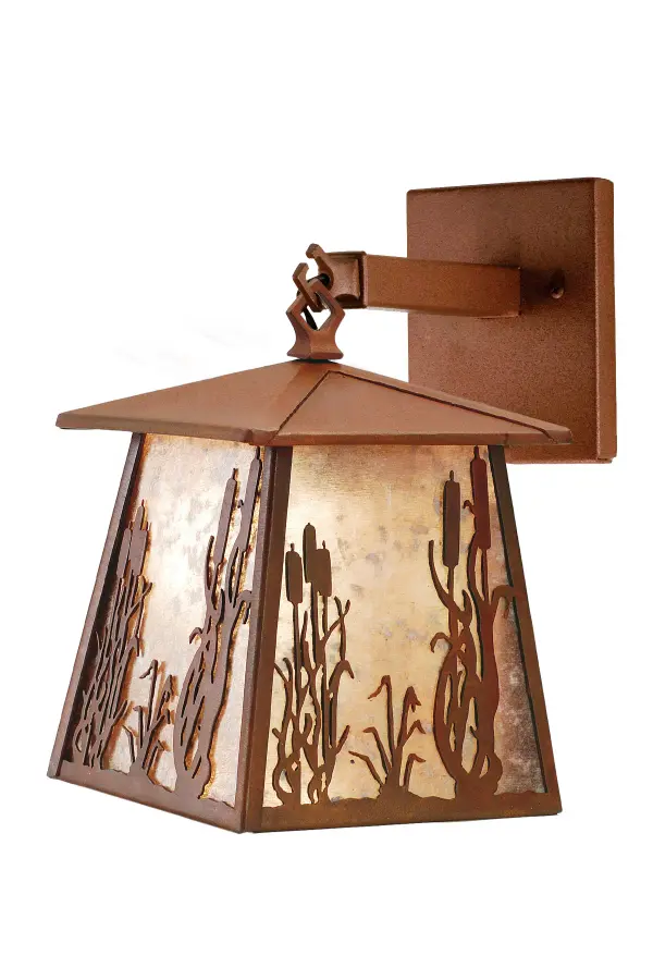Reeds and Cattails are depicted on this lantern wall sconce handcrafted in the USA by Meyda artisans. This water sport inspired fixture is finished in Rust and has Silver mica panels.