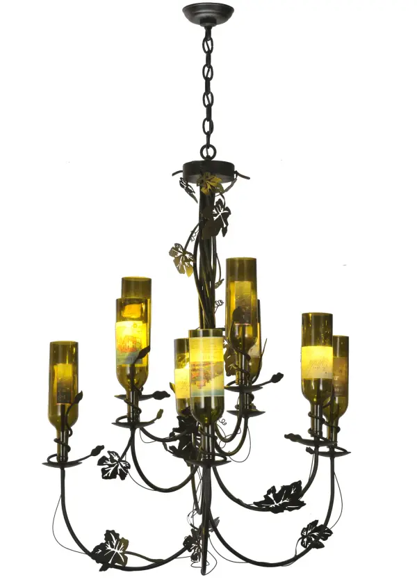 Capture the life of the party with the whimsical design of the Meyda Wine Bottle Chandelier. It's so much fun that you may want to hang from it; but don't! Liven up a restaurant; club; or home with a chandelier that does so much more than deliver light; it adds personality and pizzazz. Nine wine bottles sent to us by the customer from their collection are suspended from a Textured Black finished frame. Perfect for entryways and other spaces in homes; restaurants; hotels; pubs; nightclubs; wineries; and retailers; this chandelier will be appreciated for its fine detail and charm by connoisseurs. This rich-looking Tuscan Vineyard Wine Bottle Chandelier is included in our American-made; American-designed; handcrafted Wine Bottle Lighting Collection. The fixture is manufactured in Yorkville; New York. UL and cUL listed for dry and damp locations. Take your finest bottle of wine; and Meyda will transform it into an everlasting personalized fixture of light. Contact us for more information on custom wine bottle lighting fixtures and lamps. We can also create custom lighting with beer bottles; mason jars; milk bottles; and other glass containers and vessels.