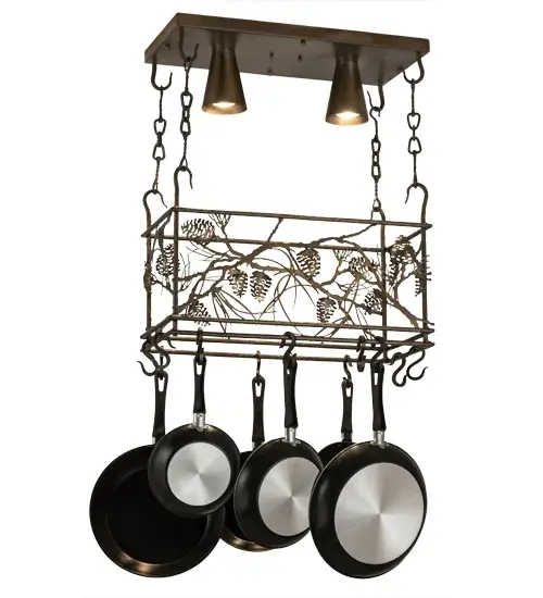 Nature inspired Pine Cones and needles adorn this handsome lighted oblong lighted pot rack. The fixture is finished in Antique Copper and is handcrafted in the USA by Meyda artisans. (Cookware not included) - alternate view
