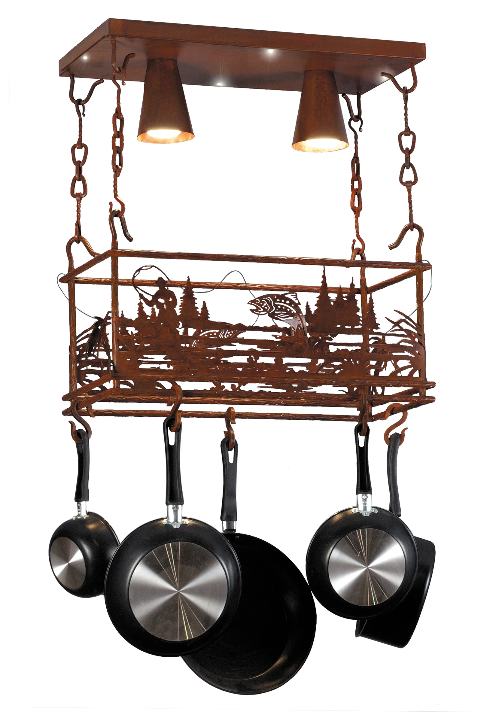 Fly Fishing Creek Two Light Pot Rack in Rust