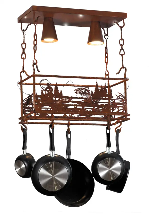 A fisherman casts his line into tranquil waters for the catch of the day on this handsome oblong lighted pot rack. The fixture is finished in Rust and is handcrafted in the USA by Meyda artisans. (Cookware not included) Collection: Fly Fishing Creek Finish: Rust Width: 12.00" Height: 27.00" Length: 24.00" Weight: 30.00 lb Extension from Wall: 12.00" Number of Bulbs: 2 Maximum Wattage: 60.00 W Bulb Type: A19 Bulb Base: E26 Material: Steel Country of Origin: USA Safety Listing: Dry Safety Rating: Dry