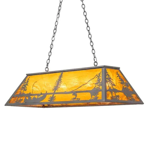 Fishing enthusiasts will cast their lines in delight for this striking Trout which is leaping out of the water in the woodland lake as the late afternoon sun sets in the forest. Beautiful ambient light evokes through the stunning Honey Art Glass shade which is complemented with a Pewter finish. Ideal for lighting up kitchen islands, counters, bars, dining and billiard tables. The overall height ranges from 18 to 44 inches as the chain length can be easily adjusted in the field. The Trout and Fisherman Oblong Pendant is included in our American made, American designed Rustic lighting collection. Manufactured in Yorkville, New York. UL and cUL listed for dry and damp locations. Collection: Trout & Fisherman Finish: Pewter Glass: Honey Art Glass Width: 17.00" Height: 22.00" Length: 48.00" Weight: 37.00 lb Extension from Wall: 17.00" Number of Bulbs: 6 Maximum Wattage: 60.00 W Bulb Type: A19 Bulb Base: E26 Material: Steel Country of Origin: USA Safety Listing: Damp Safety Rating: Damp - alternate view