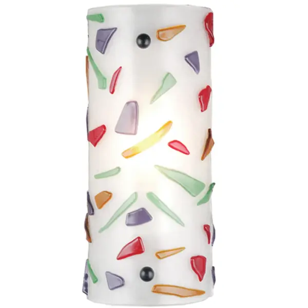 Colorful chips of Green; Purple; Red and Orange glass make the Pebbles; Metro Fusion ADA compliant wall sconce. This slender sconce shade is suspended by Nickel finished powder coated hardware. Designed and created by Meyda artists and craftsmen; hand cut pieces of glass are fused together; resulting in a unique; contemporary fixture.