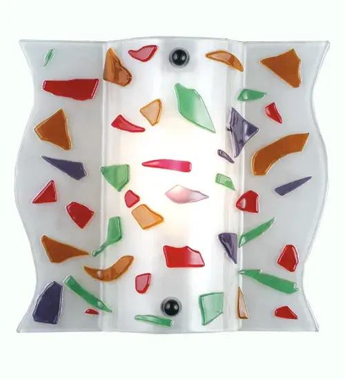 Colorful chips of Green; Purple; Yellow Red and Orange glass make the Dino; Metro Fusion ADA compliant wall sconce. Pieces of glass are fused to this unique shade and heated again to shape. This fun sconce shade is suspended by Nickel finished powder coated hardware. Designed and created by Meyda artists and craftsmen; for a unique; contemporary fixture.