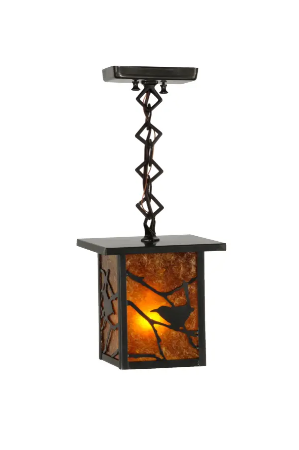 Description: A peaceful springtime moment comes into focus with this charming Song Bird perched on branches in this square shaped pendant design.This striking Solid Brass fixture is hand finished in Craftsman Brown with beautiful light is diffused through Amber Mica panels.Suitable for damp locations such as covered porches and patios; bathrooms and utility rooms.Made in the USA.Handcrafted by Meyda artisans in our Yorkville; New York manufacturing facility at the foothills of the Adirondack Mountains. Custom colors; sizes and styles available. Energy efficient options.