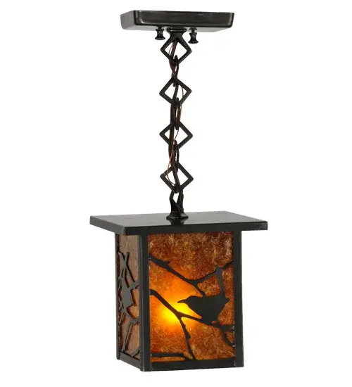 Description: A peaceful springtime moment comes into focus with this charming Song Bird perched on branches in this square shaped pendant design.This striking Solid Brass fixture is hand finished in Craftsman Brown with beautiful light is diffused through Amber Mica panels.Suitable for damp locations such as covered porches and patios; bathrooms and utility rooms.Made in the USA.Handcrafted by Meyda artisans in our Yorkville; New York manufacturing facility at the foothills of the Adirondack Mountains. Custom colors; sizes and styles available. Energy efficient options. - alternate view